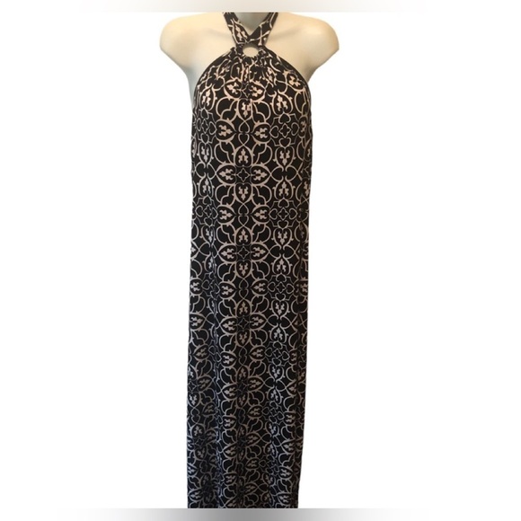 Y2K WHBM Keyhole Halter Top Maxi Dress M Black White Damask Print Slinky Summer - Picture 1 of 8